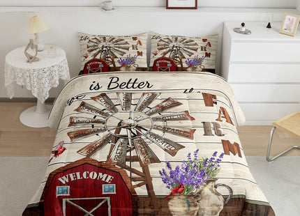 Erosebridal Western Farmhouse Quilt Bedding Sets Full Country Rustic Comforter Set for Cabin Lodge Cardinal Barn Lavender Windmill Duvet Insert Pastoral Rural Comforter 2 Pillow Cases Home Room Decor