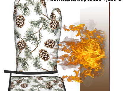 Winter Pine Cones Green Oven Mitts and Pot Holders Sets Heat Resistant Non Slip Christmas Branch Pinecone Kitchen Gloves Hot Pads Potholders 2 Pack Set Holiday Decor for Chef Cooking Bakers Kitchen