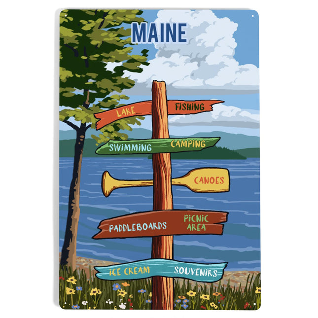 Lantern Press Maine, Signpost, Lake and Flowers, 12x18 Inch Aluminum Sign, Indoor or Outdoor Use