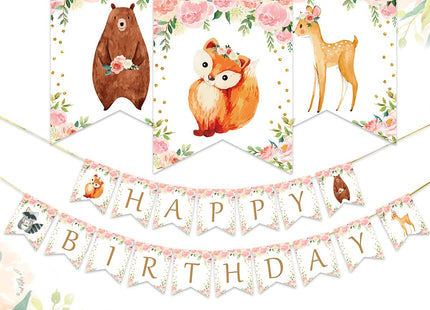 Kreatwow Woodland Happy Birthday Banner Woodland Birthday Party Decorations Girls Jungle Forest Animal Creatures Bunting Banner Garland for Girls
