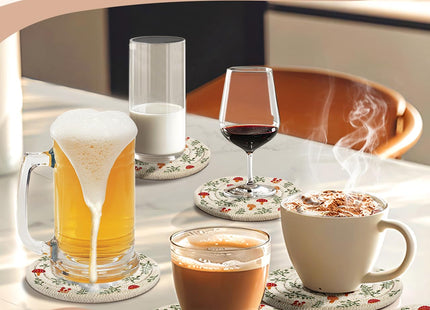 Kokaaee Absorbent Cup Coasters Set of 6 with Holder, Mushroom Leaf