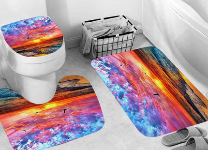 DDS-DUDES Beach Shower Curtain Bathroom Sets with Shower Curtain and Rugs Sunset Seagull Ocean Sunrise Sand Summer Holiday Seashore Waterproof Polyester Decor with Hooks 71x71 inch