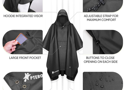 PTEROMY 3-in-1 Hooded Rain Poncho for Adult with Pocket, Waterproof Lightweight Unisex Raincoat for Hiking Camping Emergency (Black)