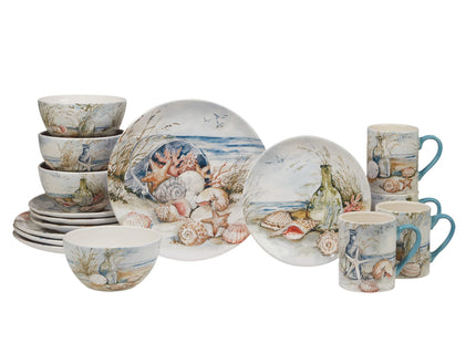Coastal Landscape 16 Piece Ceramic Dinnerware Set – Service for 4 with Beach-Themed Dinner Plates, Salad Plates, Bowls & Mugs – Ocean-Inspired Tableware for Everyday or Coastal Entertaining
