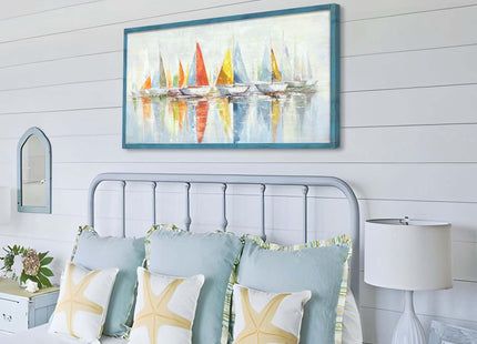 Coastal Wooden Framed Wall Art: Abstract Ocean SailBoat Picture Seascape Print Beach Painting Nautical Artwork for Bedroom 40"x20"