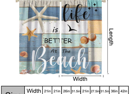 Summer Beach Curtains, Rustic Farmhouse Vintage Blue Wooden Nautical Coastal Starfish Shells Ocean Theme Window Curtains for Kitchen Bathroom Living Room 42" W X 45" L