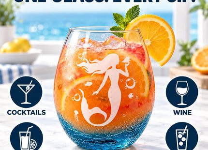 19 oz Printed Mermaid Stemless Wine Glass, Teal Crackle Base, Ocean Crystal