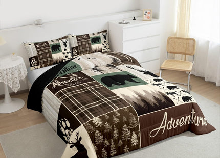 Rustic Patchwork Twin Bed Comforter Set, Hunting Deer Bear Bedding Retro Cabin Lodge Decor Quilt For Kids Boys Teens Men, Woodland Country Wild Animal Down Comforter Adventure Camping Decor, Brown