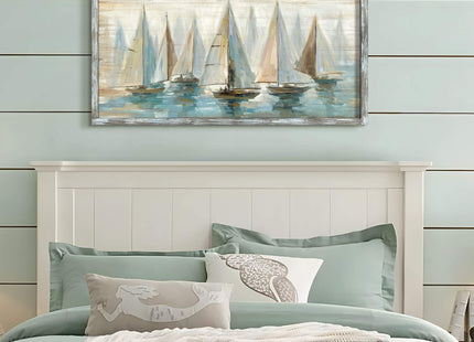 Beach Pictures Wall Decor Framed: Large Coastal Artwork Sailboat Picture Wall Art Abstract Painting on Ocean Seaside Wooden Art for Bedroom(48x24)