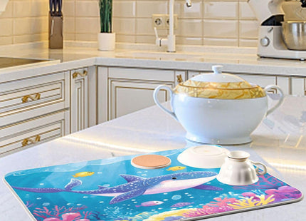 ElliTarr Blue Whale Shark Coral Sea Dish Drying Mat for Kitchen Counter Microfiber Absorbent Dish Drainer Rack Mat Small Kitchen Drying Mat Heat Resistant Drying Pad for Counter 18x16