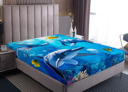 Cute Dolphin Fitted Sheet Twin for Kids Boys Girls,Coastal Animal Bedding Set,Ocean Creatures Under The Sea Bed Sheets,Blue Wave Hawaiian Beach Bed Set