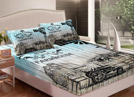 Erosebridal Rustic Windmill Bed Sheets Set Tractor Sheet Set Farmhouse Cow Sheets for Boys Girls Adults, Rustic Farm Barn Door Woodland Animals Flat Fitted Sheet Full Size with 2 Pillowcases