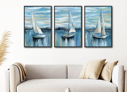 Large Framed Sailboat Wall Art, Tranquil Beach Decor, 24"x36" Set of 3