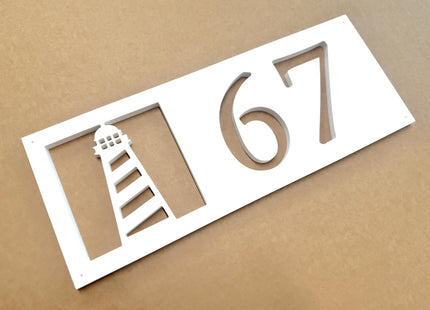 Horizontal Lighthouse Address Sign, Weatherproof PVC Nautical House Numbers, Beach House Address Plaque, Exterior Coastal Home Decor
