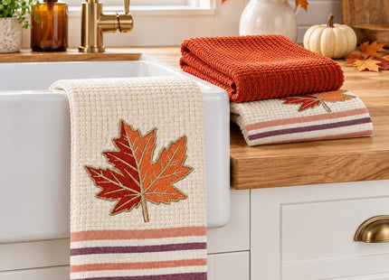 Fall Thanksgiving Kitchen Hand Dish Towels, Orange Rust Maple Leaf, 3 PC