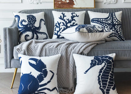 DECOPOW Embroidered Crab Throw Pillow Cover,Square 18 Inches Decorative Crab Canvas Pillow Cover for Nautical Style Deco by (Navy-Crab-New)