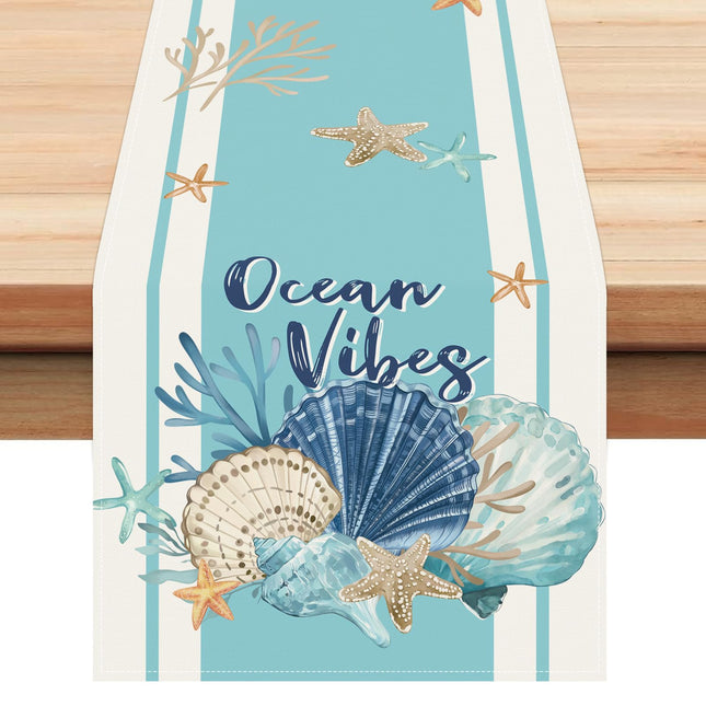Bonhause Nautical Coastal Table Runner 13x72 Inch Teal Blue Beach Seashell Starfish Ocean Theme Coral Summer Kitchen Dinning Table Decoration for Indoor Outdoor Home Party Decor