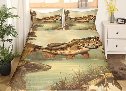 Bass Fish Bedding Set Full Size,Lake House Retro Rustic Style Duvet Cover Set Kids Boys Girls Room Decor,Hunting and Fishing Theme Comforter Cover 3Pcs,Wild Animal Lake Bedspreads Cover,2 Pillowcases