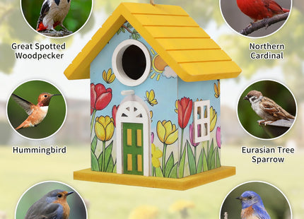 Wooden Bird Houses Bird House for Outside Yellow Wood Bird House for Outdoors,Handmade Painted Tulips Bird Houses for Garden Blue Bird Hummingbird Wren Cardinal Swallow Sparrow Finch Chickadee
