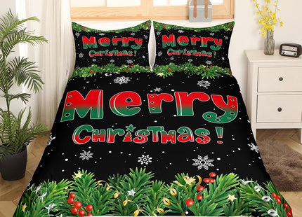 Homewish Merry Christmas Duvet Cover Set Twin Size Xmas Pine Tree Bedding Set 2Pcs Winter Snowflake Comforter Cover for Kids Boys Girls Adult Room Decor,Green Red Black Quilt Cover,1 Pillowcase
