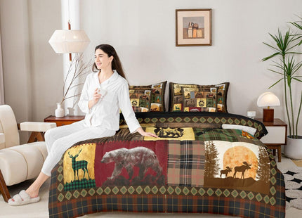 Erosebridal 7 Pcs Plaid Rustic Bedding Sets Cabin Bear Deer Moose Queen Size Comforter Set Country Farmhouse Western Bed in A Bag with Sheets for Boys Men,Hunting and Fishing Mallard Duck Bed Set