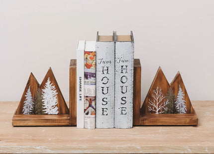 NIKKY HOME Heavy Duty Non Slip Rustic Woodland Mountain Wood Bookend Forest Book Ends Book Stoppers for Cabin Decor Home and Office Shelves Children