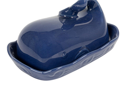 Creative Co-Op Stoneware Whale Butter Dish with Embossed Wave Detail, Navy Finish