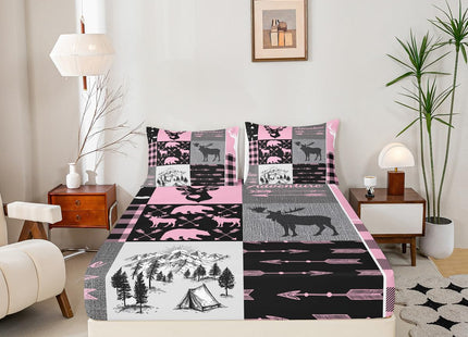 Rustic Camping Sheet Set For Boys, Hunting Elk Deer Bed Sheets Full Size Buffalo Plaid Patchwork Fitted Sheet + Lodge Woodland Farmhouse Flat Sheet For Kids Teens Adult Bedroom Decor,Pink Black Grey
