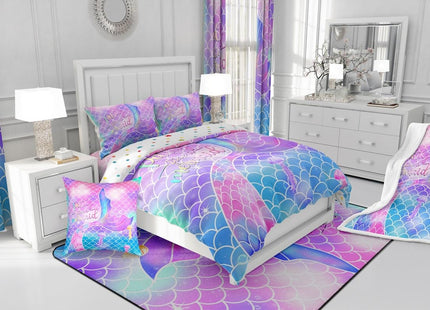 Girls Mermaid Comforter Set, Fish Scales Duvet Sets Twin Size, Glitter Rainbow Bedding Set for Kids Teens Women Bedroom Decor, Ocean Life Coastal Creature Bedding Comforters with 1 Pillow Case