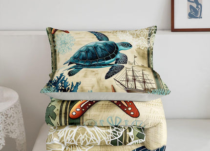 Erosebridal Turtle Bedding Teal Turtle Comforter Set Turquoise Ocean Themed Mediterranean Style Printed Design Ocean Turtle Down Comforter Quilted Duvet Set Full Size 1 Comforter 2 Pillowcases