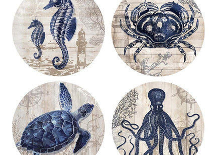Absorbent Coasters Natural Ceramic Thirsty Stone Navy Blue Octopus Seahorse Crab Turtle Ocean Theme Coaster Set for Drinks Cork Backing (sea Animals)…