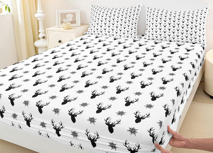 Manfei Deer Antlers Kids Sheet Queen Size,Snowflake Merry Christmas Xmas Bedding Set,Girls Boys Adults Room Decor,Rustic Farmhouse Black White Chic Bed Sheet Set 4pcs(Fitted + Flat + 2 Pillowcases)