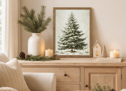 Vintage Snowy Christmas Tree Wall Art Framed Pine Tree Prints 12x16 Inch