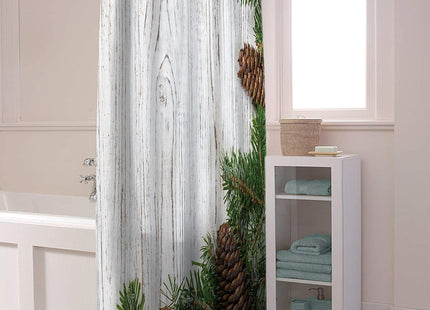 JasmineM Fabric Shower Curtain with Hooks, Tropical Pinecone Wood, Waterproof & Washable Bathroom Curtains, 60 x 72 inch, Rustic Wooden Barn