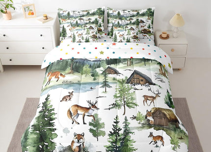 7 Piece Rustic Farmhouse Full Bed in a Bag for Women Boys Western Farmstyle Sheet Set, Wild Animal Fox Moose Rabbit Bear Print Bedding Set with Comforter for Teens Girls Kids Wildlife Cushion Covers