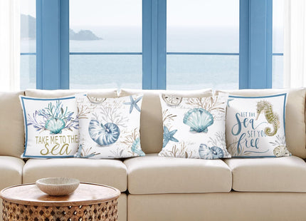 Bonhause Nautical Coastal Throw Pillow Covers 18x18 Set of 4 Ocean Themed Beach Seashell Coral Starfish Pillows Case Soft Velvet Cushion Covers for Outdoor Sofa Home Decor