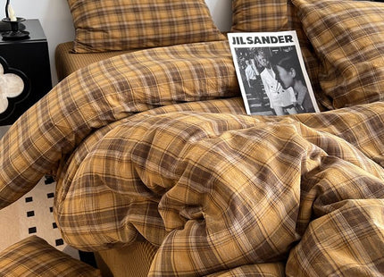 CCoutueChen Brown Gingham Comforter Set Full Size, Tan Plaid Checked Bedding Set, Cabin Lodge Ultra Soft Lightweight Comforter, 3 Pieces, 79 * 90