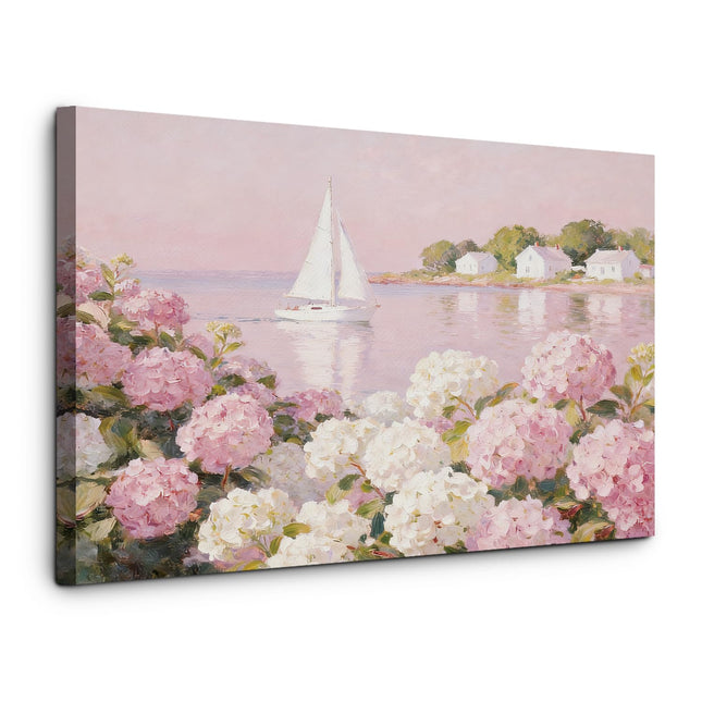 JINYO Pink Preppy Beach Coastal Granddaughter Room Canvas Wall Art Decor Framed, Pink Hydrangea Floral Sailboat Nautical Poster Painting Wall Decor for Girls Room Dorm Home Apartment, 14x11 Inch