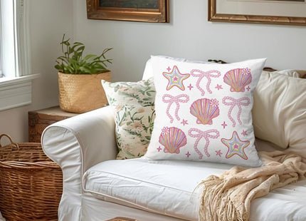ETVISO Preppy Beach Room Decor, Coastal Glitter Seashell Bow Pillow Cover 18x18, Trendy Coquette Pearl Bow Seashells Decorative Throw Pillow Case for Girls Bedroom Home Drom Apartment