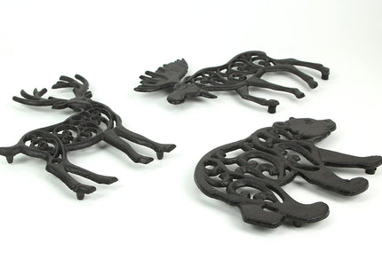 Set of 3 Cast Iron Trivets, 9 Inch Forest Animal Designs
