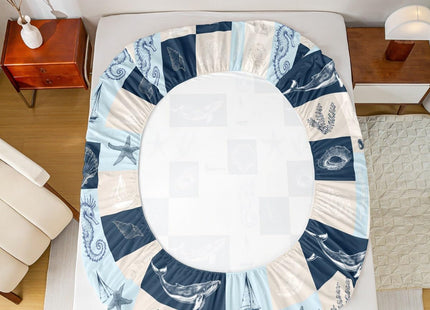 Ocean Coastal Theme Fitted Sheet Queen Size,Navy Blue Geometric Plaid Patchwork Grid Bedding Set Whale Conch Seahorse Starfish Coral Bed Sheet 3Pcs,Undersea World Deep Pocket Sheet,2 Pillowcases