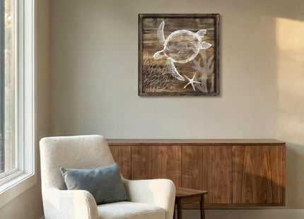 Inpraradiso Sea Wall Art Decor Picture: Bathroom Ocean Theme Wood Print Decor Turtle Marine Life Underwater Painting Rustic Beach Coastal Animal Artwork for Living Room Bedroom Office 16x16 Inch