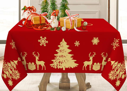 Faptoena Christmas Square Tablecloth 52x52 inch Red Table Cloth Golden Deer Xmas Tree Table Covers Red Tablecloths Christmas Decoration for Dining Room