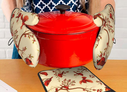 Red Cardinal Oven Mitts and Pot Holders Sets of 3, Non-Slip Christmas Heat Resistant Kitchen Gloves Hot Pad, Cardinal Gifts for Women, Rustic Christmas Kitchen Decor, Baking Cooking Grilling Gifts
