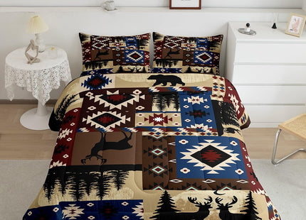 Feelyou Cute Deer Bear Comforter Set for Girls Boys Kids Toddler Size Southwestern Comforter Room Decorative Wild Animal Rustic Cabin Country Geometric Bedding Set Brown Plaid Duvet Set 2Pcs Quilt Set