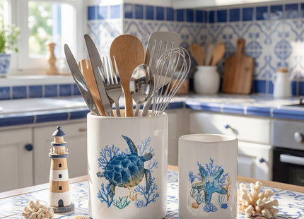 Bokon 2 Pack Ceramic Utensil Holder, Coastal Kitchen Crocks, Sea Turtle