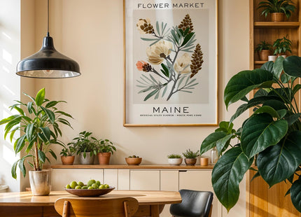 GroovyGrove Maine Flower Market Poster Wall Art Prints, Abstract US States Flower Wall Art, Neutral Botanical Wall Art Decor for Bedroom, Living Room (Unframed)