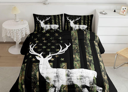Erosebridal Kids Camo Deer Bedding Set for Boys Twin Size American Flag Hunting Comforter Sets for Men Army Green Camouflage Down Comforter Wildlife Rustic Farmhouse Quilt Set for Cabin Lodge 2 Pcs