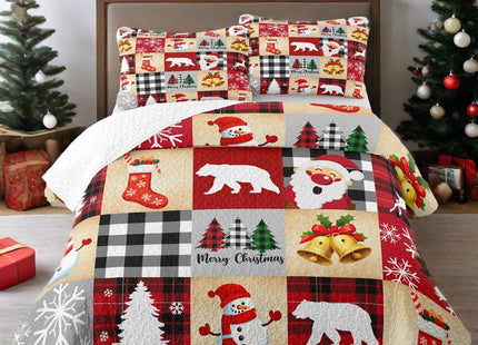 Merry Christmas Patchwork Quilt Set King- Santa Claus Bear Deer Tree Snowflakes Checkered Holiday Bedding Set - Soft Microfiber Lightweight Comforter Coverlet Bedspread(Snowman Santa, King(90"x104"))