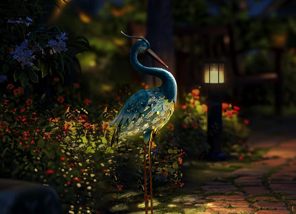 HONGLAND Solar Metal Crane Statue Garden Heron Sculpture, Outdoor Heron Yard Art Coastal Ocean Bird Decor Lawn Ornament for Backyard Porch Patio Decor